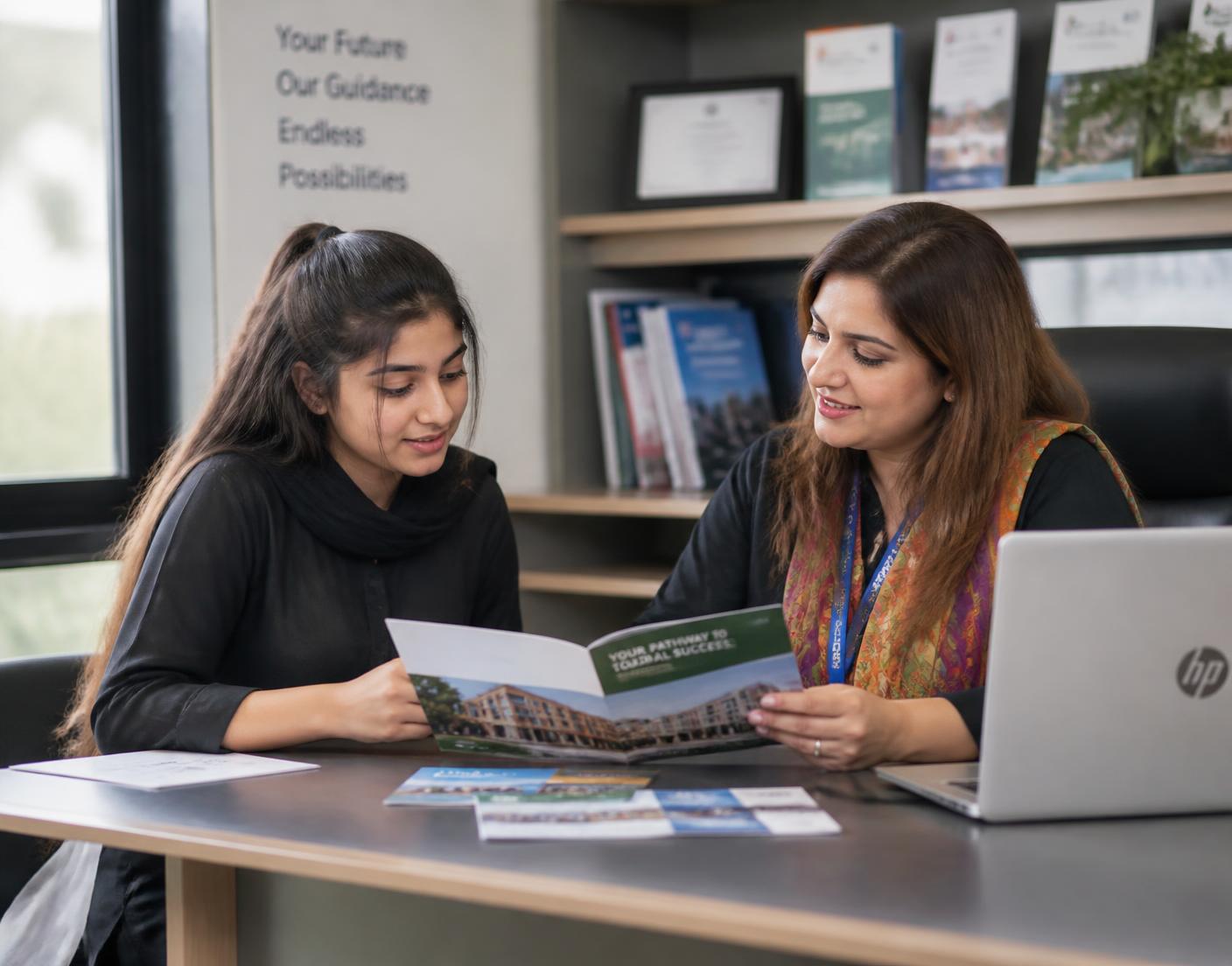 A student and an education counsellor reviewing university options together