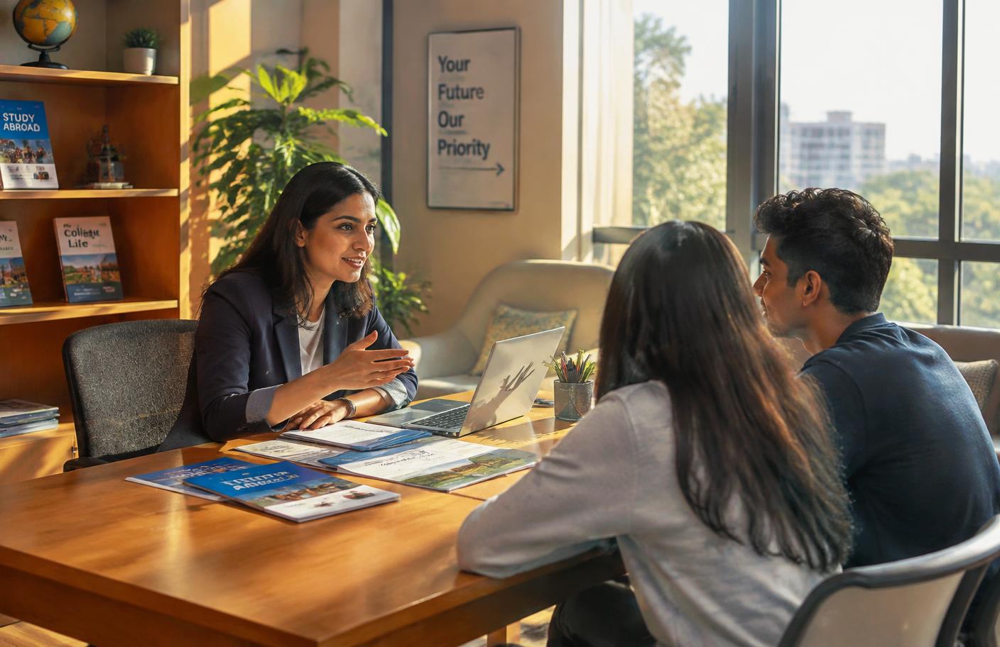 An education counsellor guiding students through study abroad options