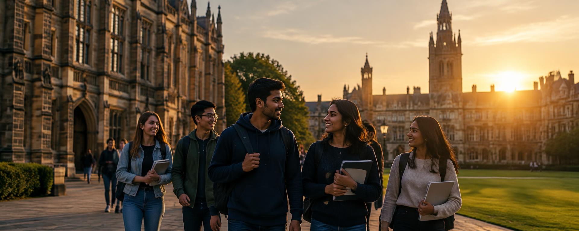 International students walking across a historic university campus at golden hour